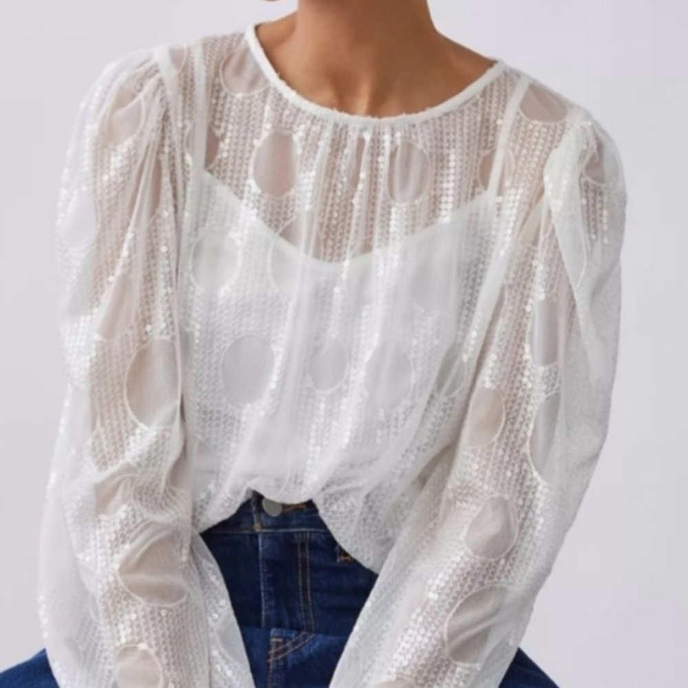 Anthropologie EVA FRANCO White Sequins Glitzy Pullover Keyhole Cami Blouse NWT M